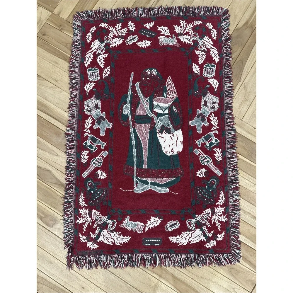 Vintage 1990 MWW Christmas Santa Woven Tapestry Throw Blanket Afghan 48x30